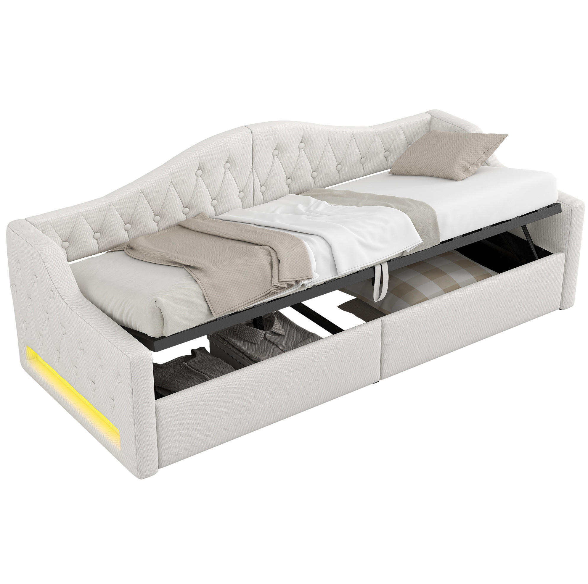 POLSTERBETT 90/200 cm aus MDF und Sperrholz mit Leinenbezug LED-Beleuchtung und Stauraum Beige - Beige, Holzwerkstoff (90/200cm) - Modenvie