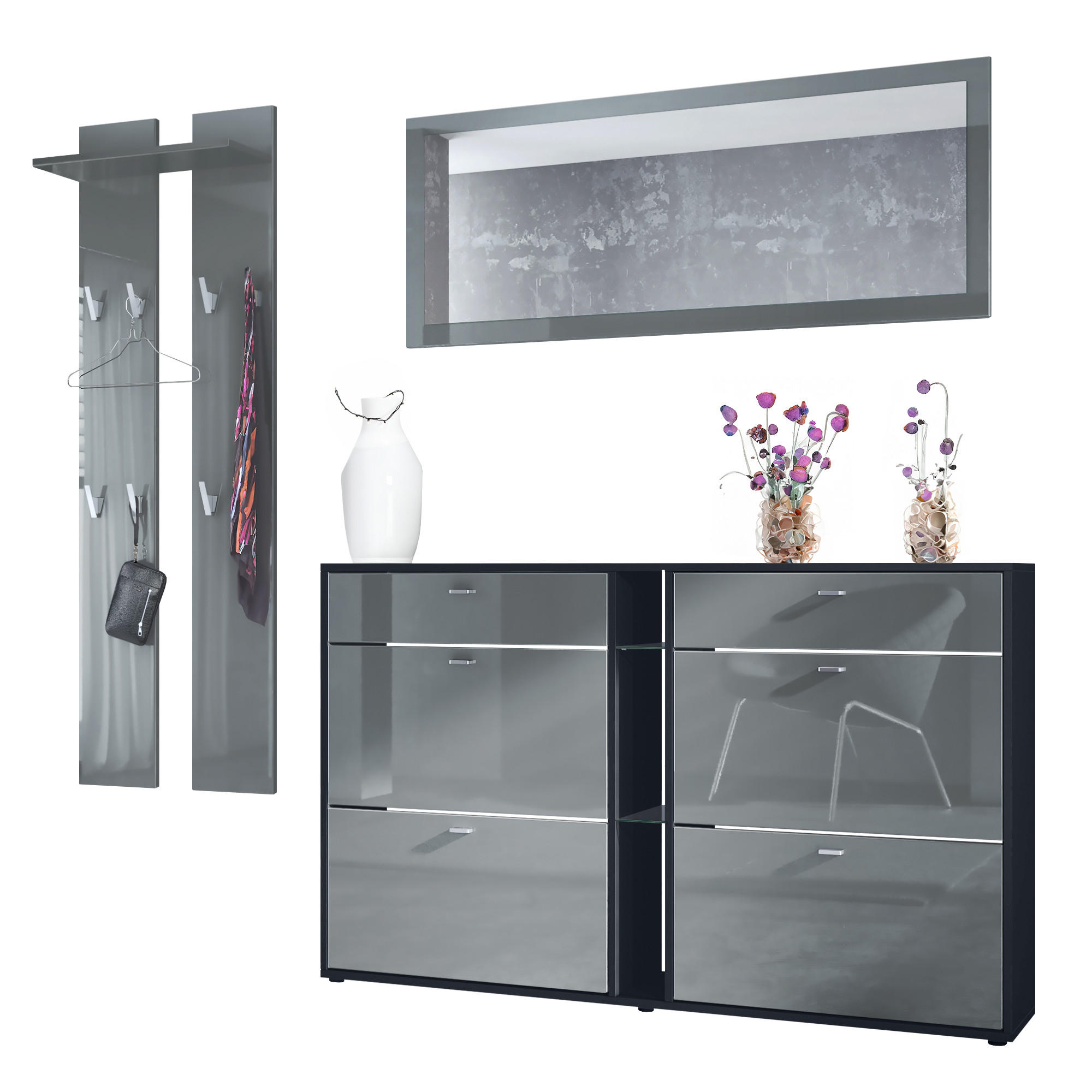 GARDEROBE Orlando Grau Hochglanz - Grau, Holzwerkstoff (215/210/28cm) - Vladon
