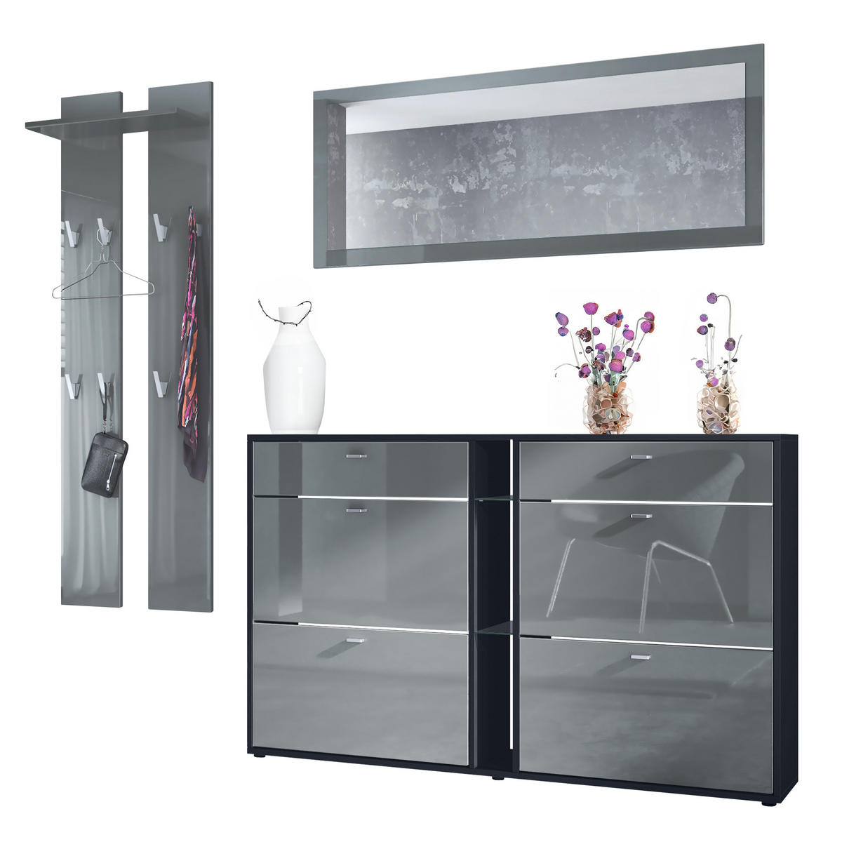 GARDEROBE Orlando Grau Hochglanz - Grau, Holzwerkstoff (215/210/28cm) - Vladon