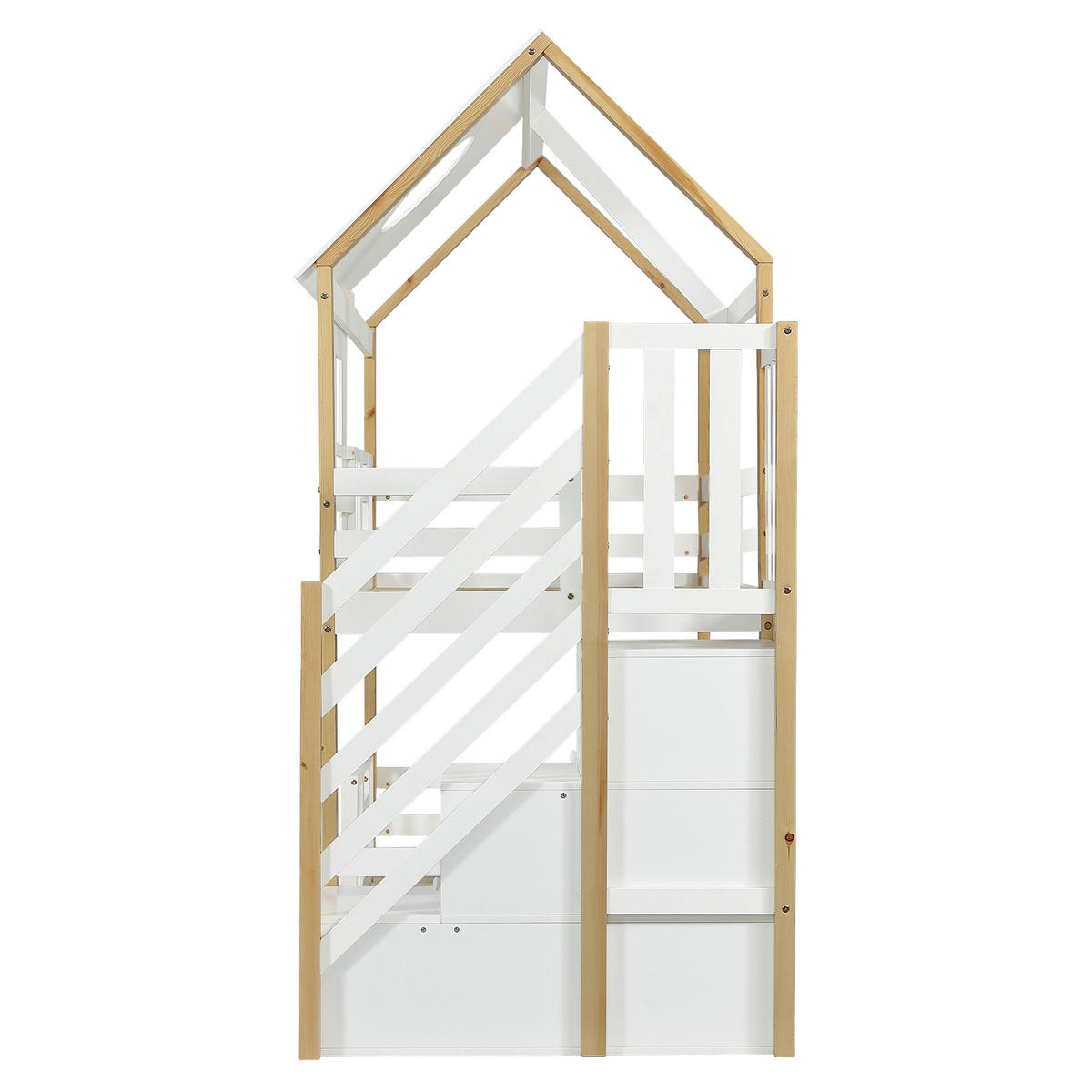 ETAGENBETT Mit Aufbewahrungstreppe Weiß/Natur 90x200 cm - Naturfarben, Holz (90/200cm) - ComfortXL