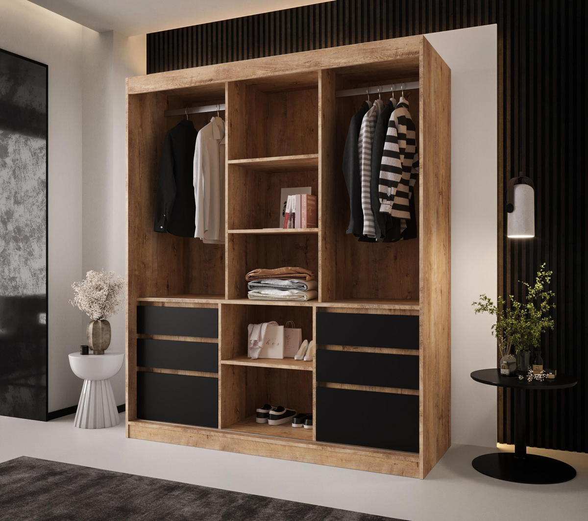 SCHIEBETÜRENSCHRANK PARMA 180, 2-türig Kleiderschrank mit 1 Spiegel, Moderne Garderobe, Schrank in Größe: 180 x 216 x 65 cm - Schwarz/Braun, Holzwerkstoff (180/216/65cm) - O-Sofa