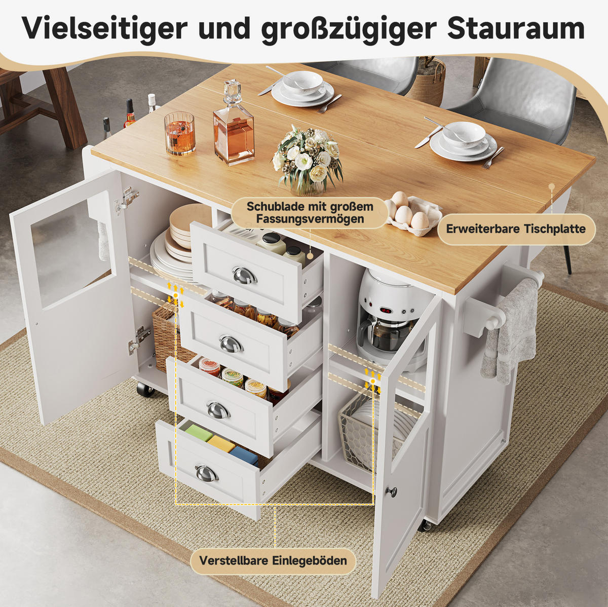 KÜCHENINSEL mit Klapptisch 137,9 x 73 x 92,5 cm Weiß MDF/Metall - Weiß, Metall (73/92.5/137.9cm) - Beauniv