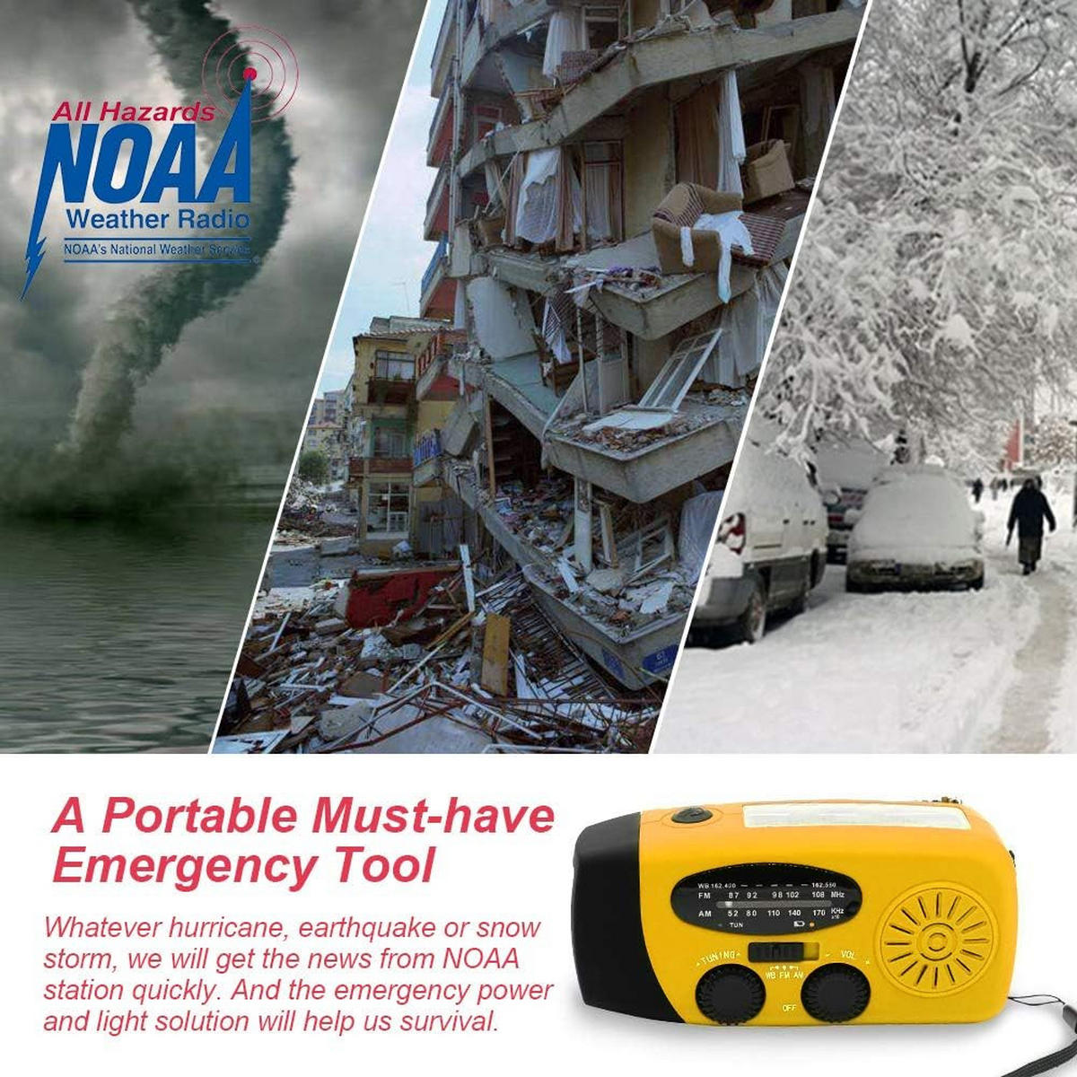 RADIO – NOAA AM/FM – Handkurbel-Generator / LED-Taschenlampe / 2000-mAh-Powerbank – Gelb - Gelb, Kunststoff (12.8/4/6.5cm) - DCA