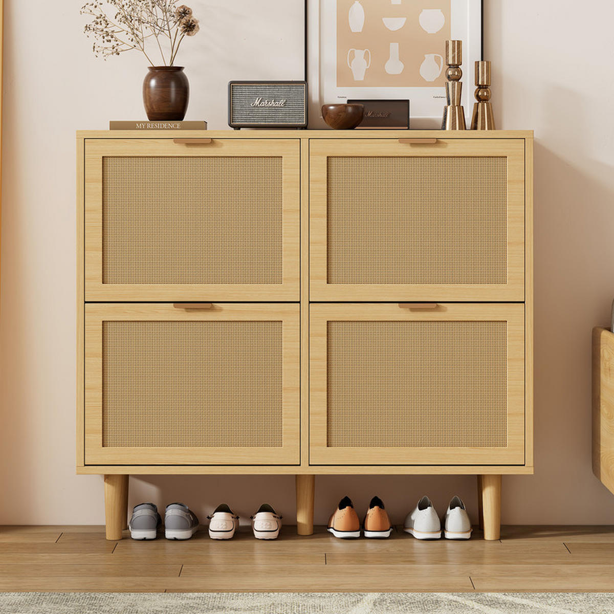 SCHUHSCHRANK RATTAN mit 4 Klappschubladen und Metallgriffen 100x25x90 cm - Braun, Holzwerkstoff (25/90.3/100cm) - Fuleadture