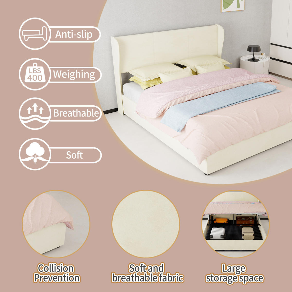 STAURAUMBETT 160/200 cm DE-35479 mit Gaslift-Staufach Beige - Beige, Metall (160/200cm) - ComfortXL