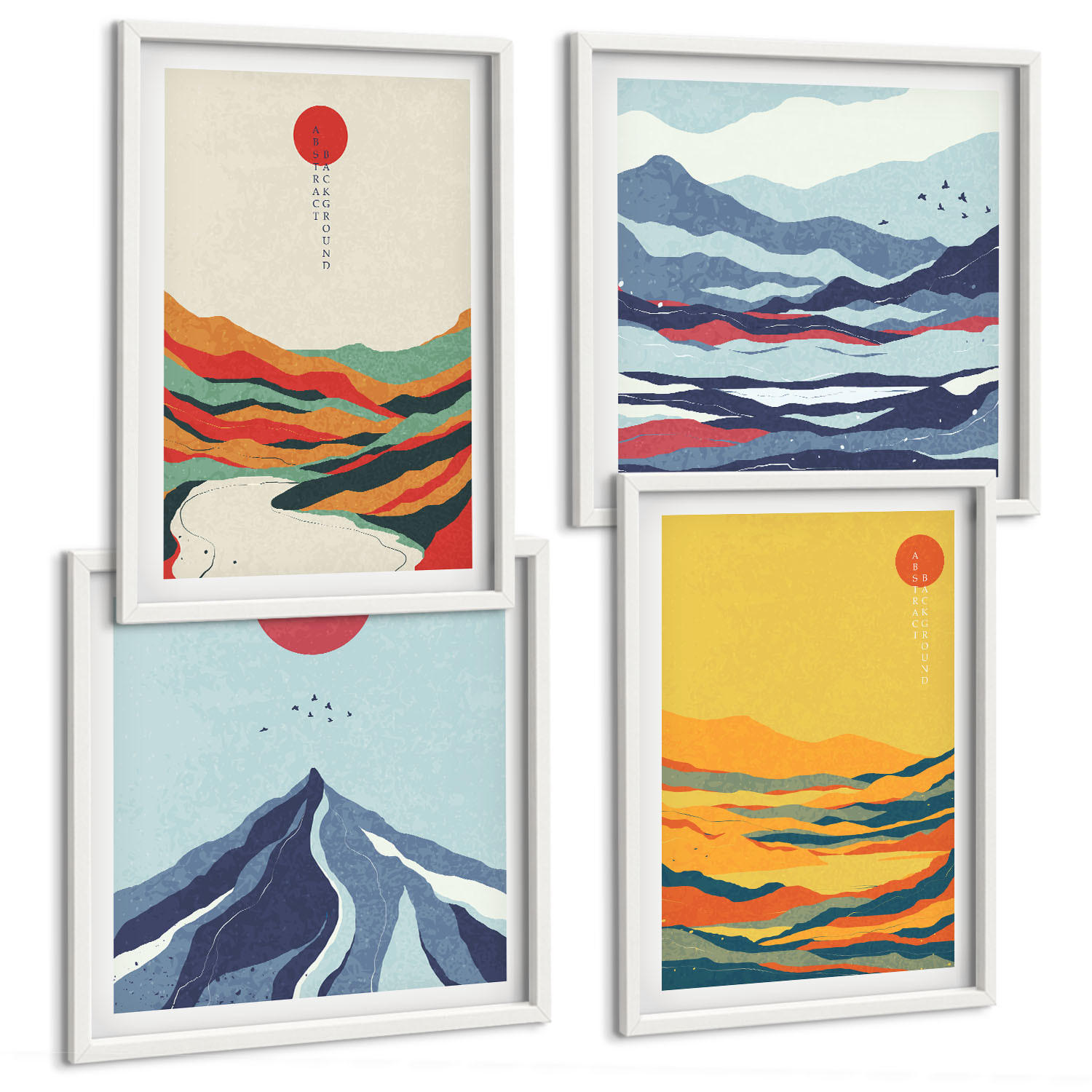 BILDER SET 4er Set - 50x50 cm & 40x60 cm Weißer Rahmen - Farbenfrohe abstrakte Flussberge - Weiß, Kunststoff (50/50cm) - TULUP