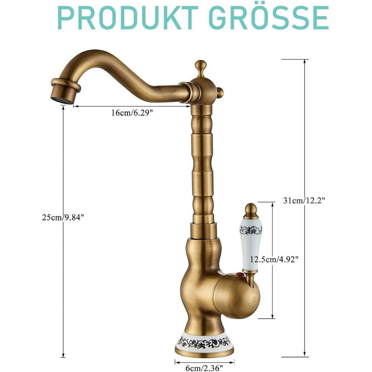 WASCHTISCHARMATUR Keramik Messing Antik 31 cm - Bronzefarben, Metall (24.5/17.5/30.5cm)