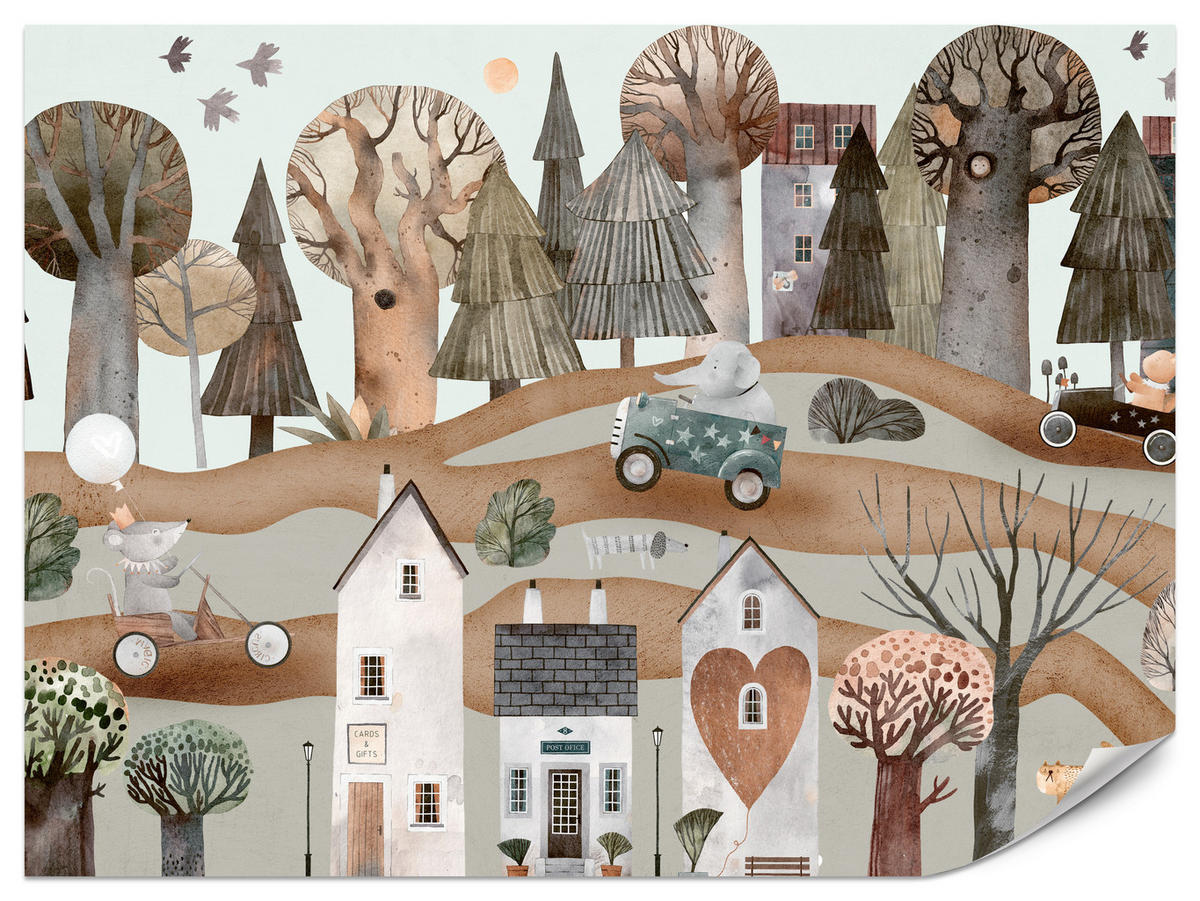 FOTOTAPETE für Kinderzimmer Fantastische Stadt Häuser Wald Tiere Autos 250x175 - Beige/Braun, Papier (250/175cm) - Muralo