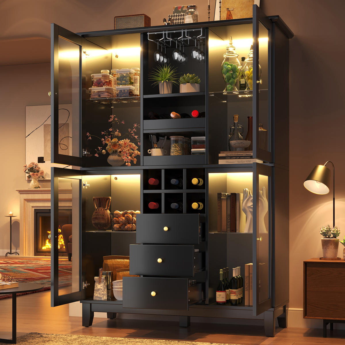 WEINSCHRANK LED App 180.5x120x40Cm Glas Flaschenhalter - Schwarz, Holzwerkstoff (120/180.5/40cm) - FLIEKS