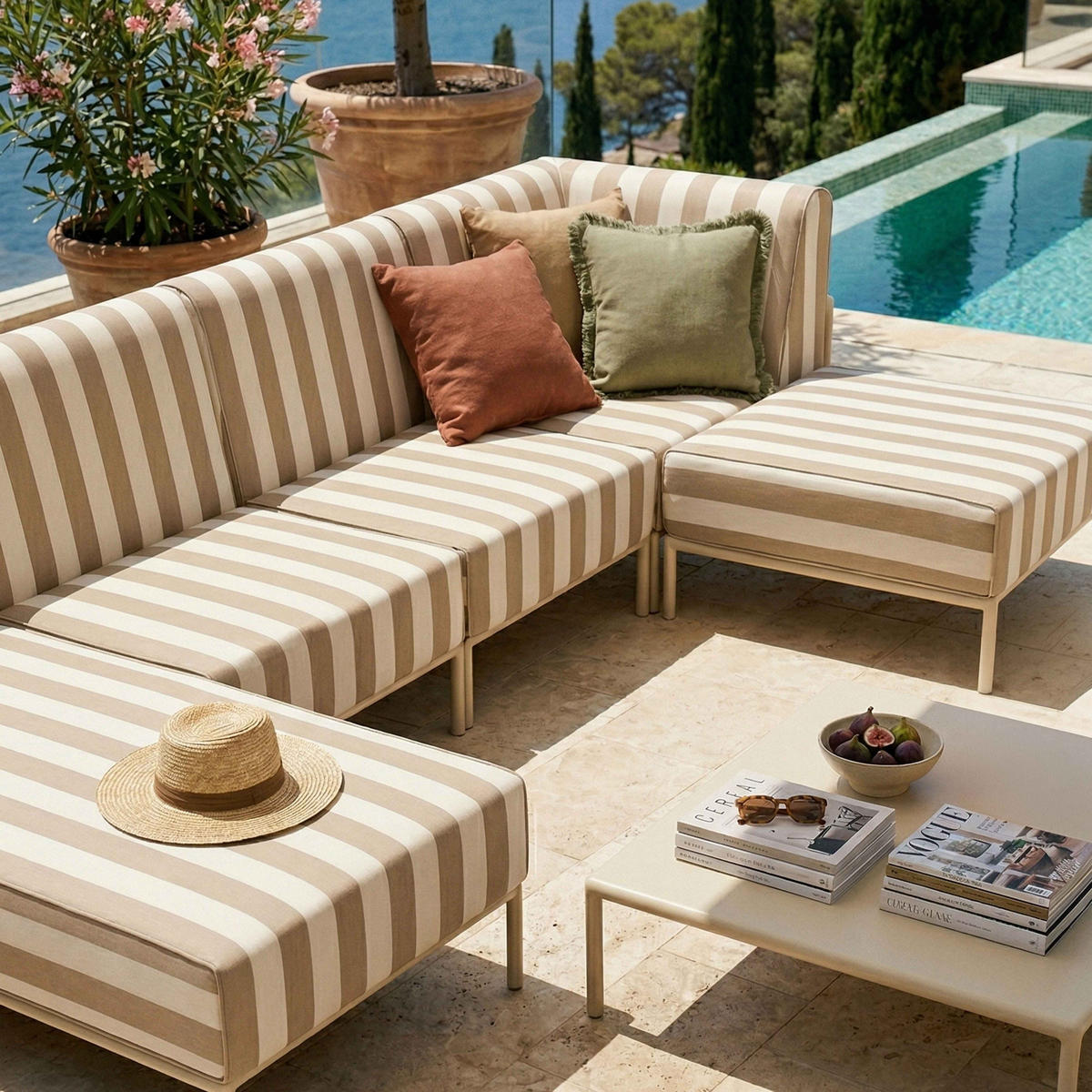 GARTENSOFA mit 5 Sitzplätzen, Beige - Beige, Textil - Oviala