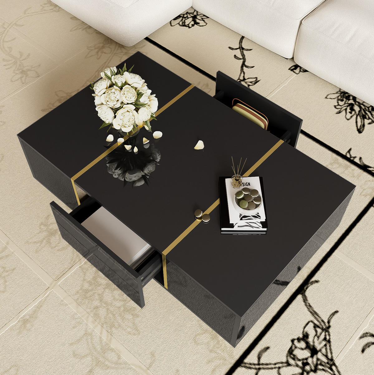 KONFERENČNÍ stolek 100/60/41,5 cm černý z MDF se 2 zásuvkami a vysokým leskem - černá, kompozitní dřevo (100/60/41.5cm) - OKWISH
