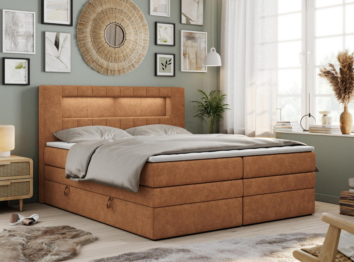 BOXSPRINGBETT GOLD-5 KING LED 160/200 Orange Struktur - H3 - Orange, Holz/Textil (160/200cm) - MKS