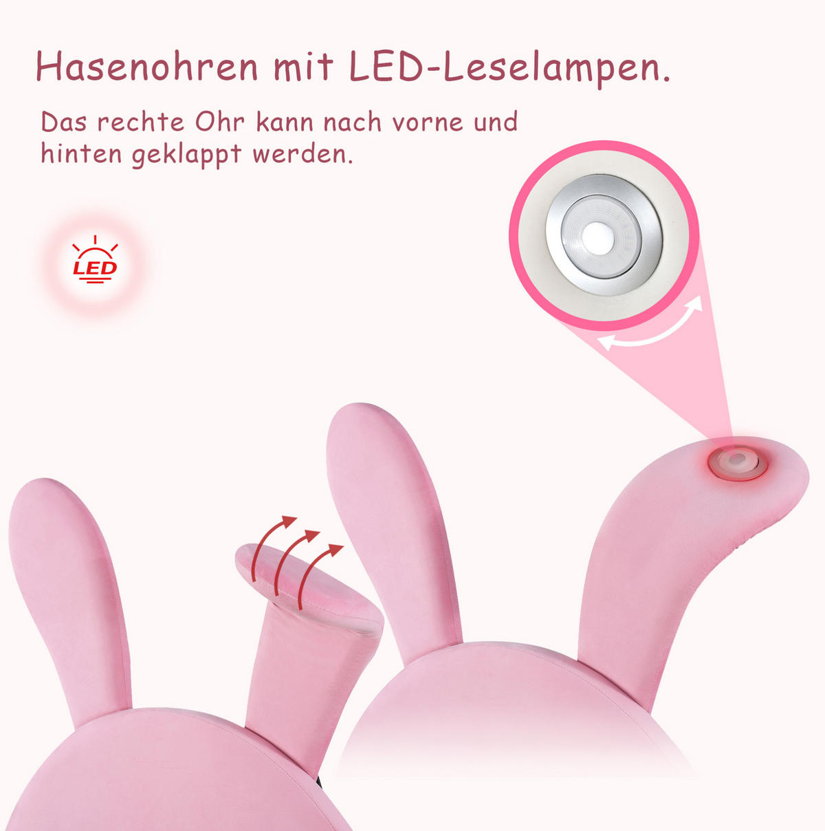 POLSTERBETT 90/200 cm mit 2 Stauraumbänken, LED-Beleuchtung und klappbaren Hasenohren aus französischem Samt, Rosa - Rosa, Textil (90/200cm) - Redom