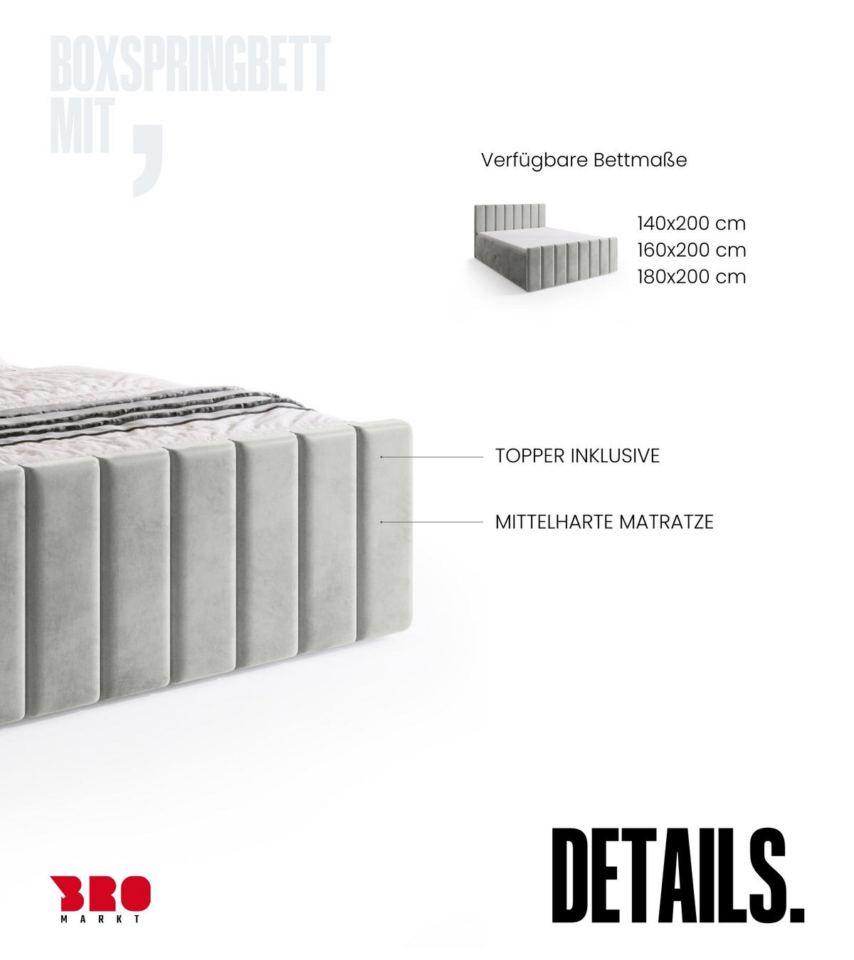 BOXBETT Denver DUO mit Topper 160x200 Grau - Hellgrau, Textil (160/200cm) - Bromarkt