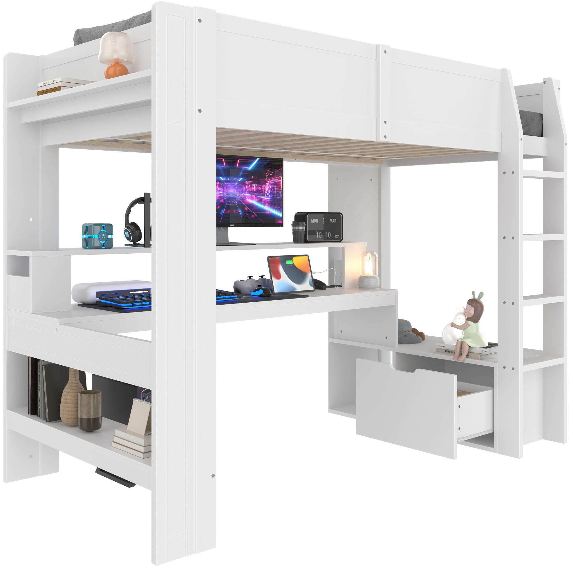 HOCHBETT 90/200 cm in Weiß mit Schreibtisch, Stauraum und LED-Beleuchtung - Weiß, Holz (90/200cm) - Flora Grace