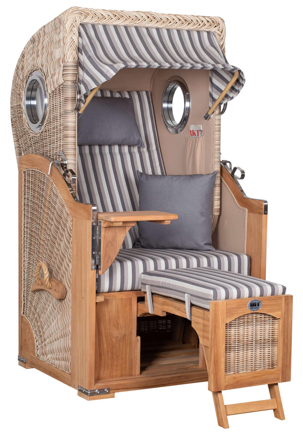 STRANDKORB Düne 1 Sitzer Teak PE Shell - Braun/Grau, Holz/Textil (96/165/80cm) - Mr. Deko