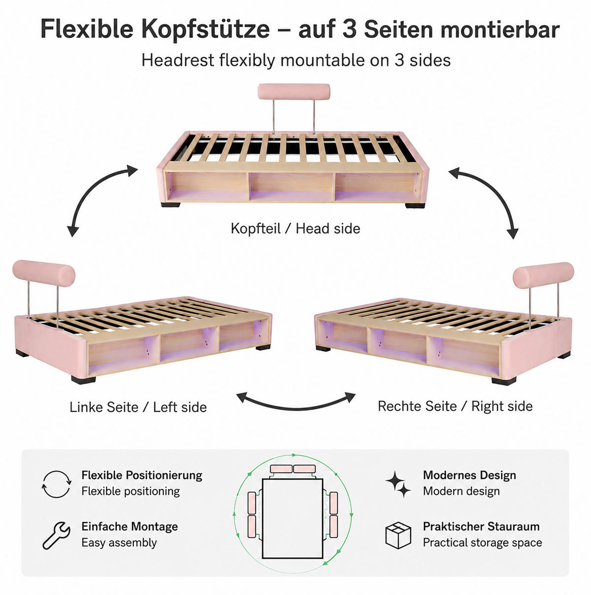 POLSTERBETT 90/200 cm Rosa mit LED und Stauraum ohne Matratze - Rosa, Textil (90/200cm) - MIVRAY