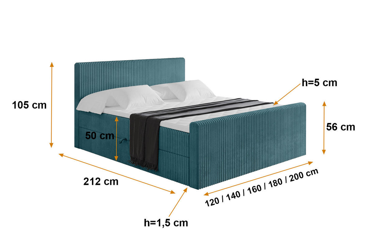 BOXBETT mit Matratze H4 und Lattenrost - TOLO-Z - 200x200 Cord - Blau - Blau, Holzwerkstoff (200/200cm) - ALTDECOR