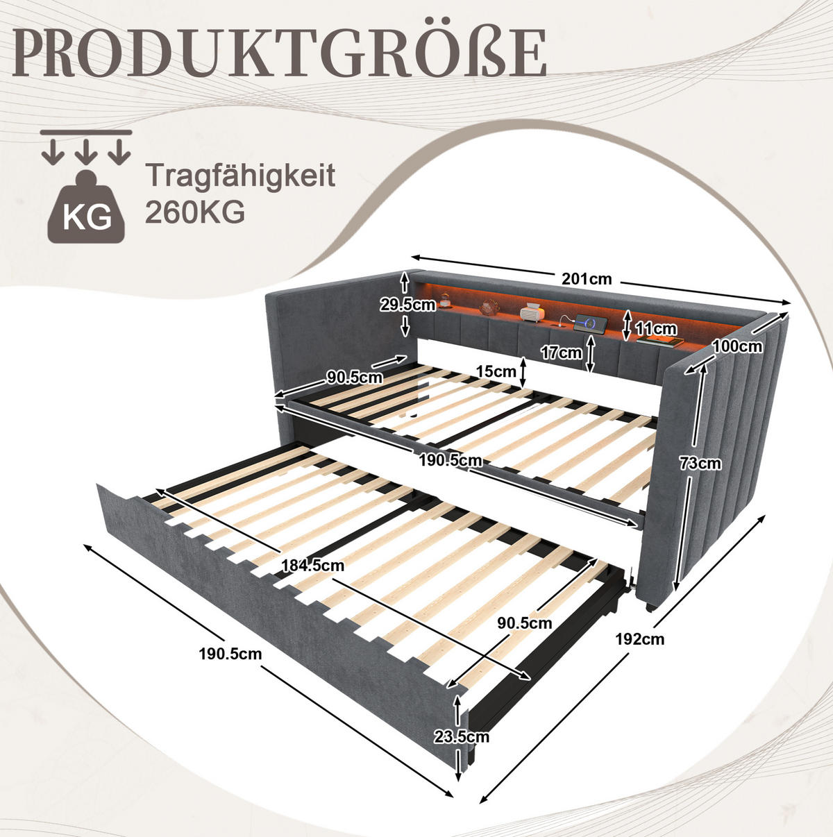 POLSTERBETT aus Samt 90x190 cm in Dunkelgrau mit LED & USB-Type-C - Dunkelgrau, Textil (90/190cm) - Modfu