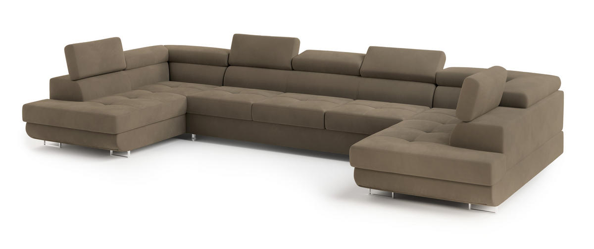 WOHNLANDSCHAFT ISOLANO Beige Velours-Stoff mit Schlaffunktion - Beige, Holz (408/90/202cm) - MASSENO