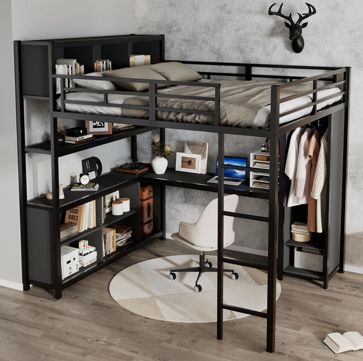HOCHBETT 140/200 cm aus Metall und Holzwerkstoff mit Schreibtisch und Kleiderschrank - Schwarz, Metall (90/200cm) - Flora Grace