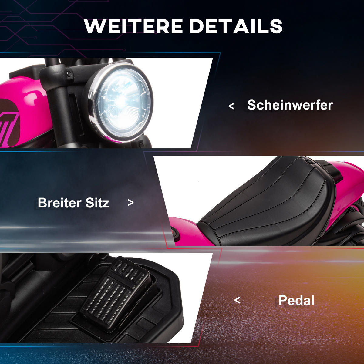 ELEKTRO KINDERMOTORRAD, Blau+Schwarz/Rosa+Schwarz, Kunststoff+ Eisen - Rosa, Metall (76/42/57cm) - HOMCOM