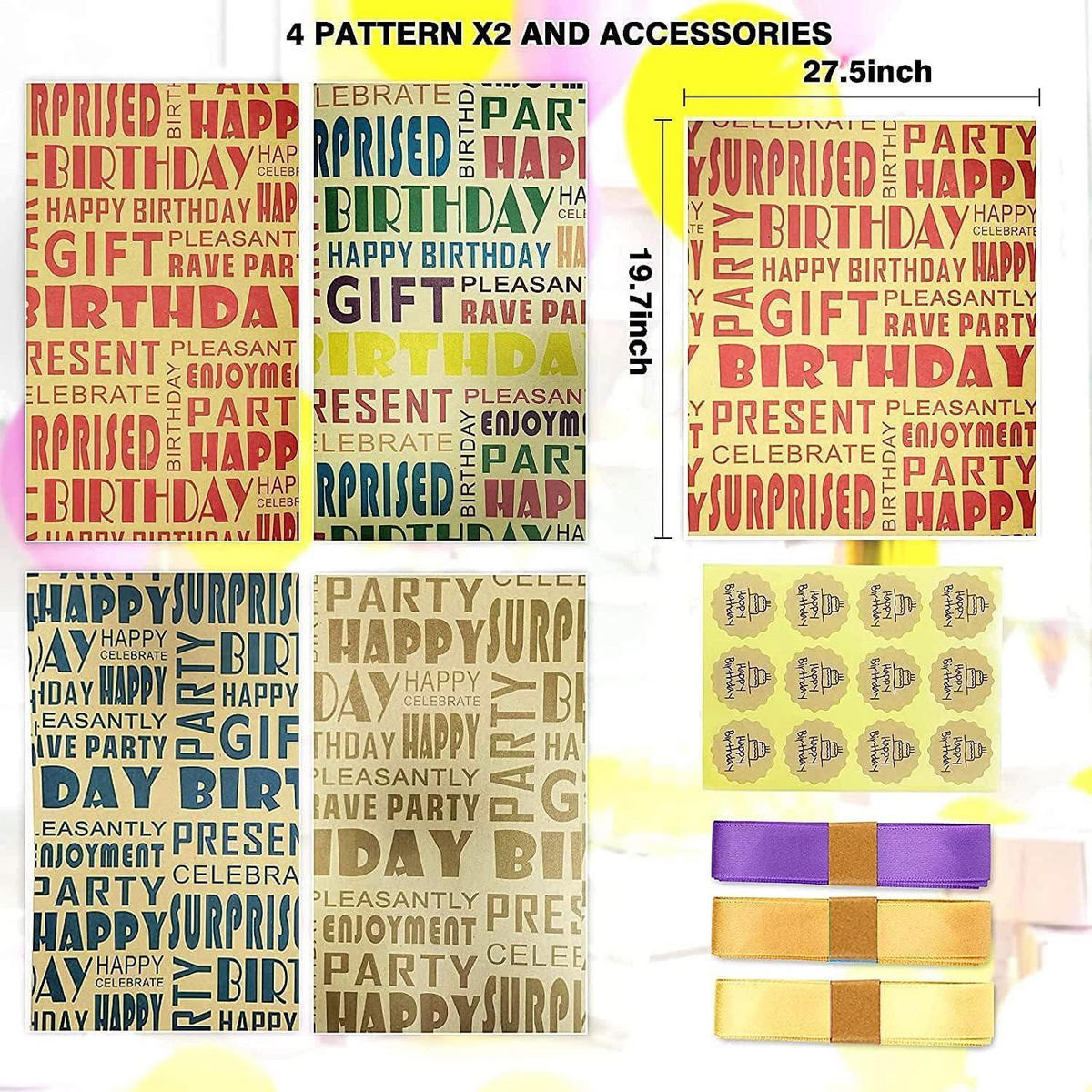 GESCHENKPAPIER Set Geburtstag 5 Blatt mit Band und Aufklebern - Multicolor, Papier (22/1/33cm)