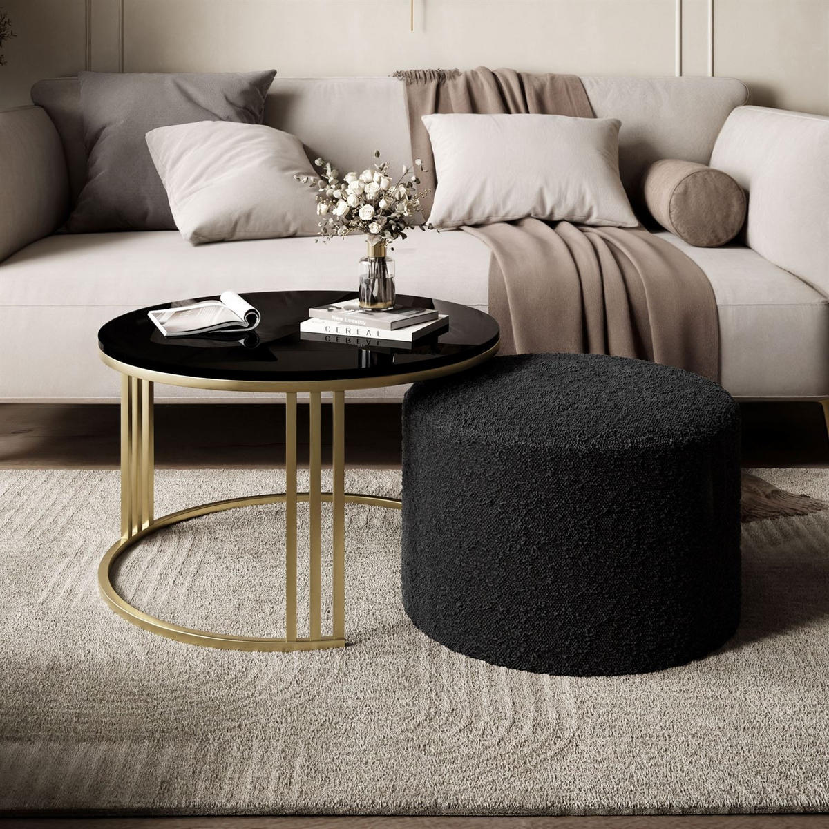 COUCHTISCH mit Hocker LORI Hochglanz gebürstetes Gold/Schwarz glänzend/Coral 60 - Schwarz, Metall (70/70/49cm) - Lookway
