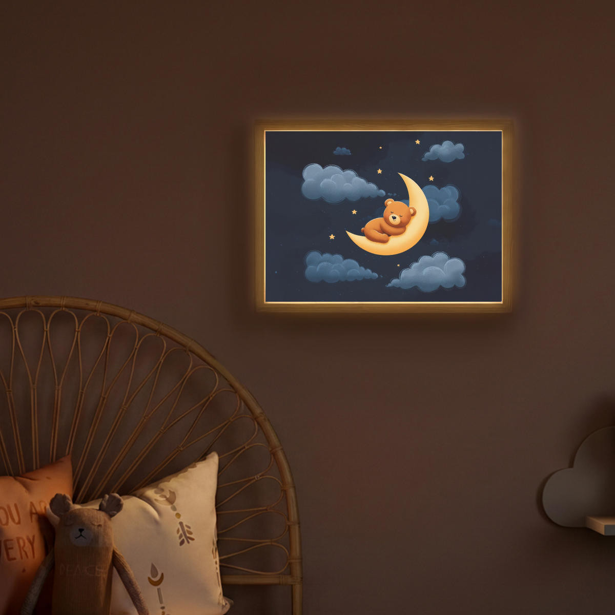 NACHTTISCHLAMPE MIT AKKU Teddybär - Mond - Wolken - Sterne 40x30 cm - Dunkelblau, Holzwerkstoff (8/40/30cm) - OnlyWow