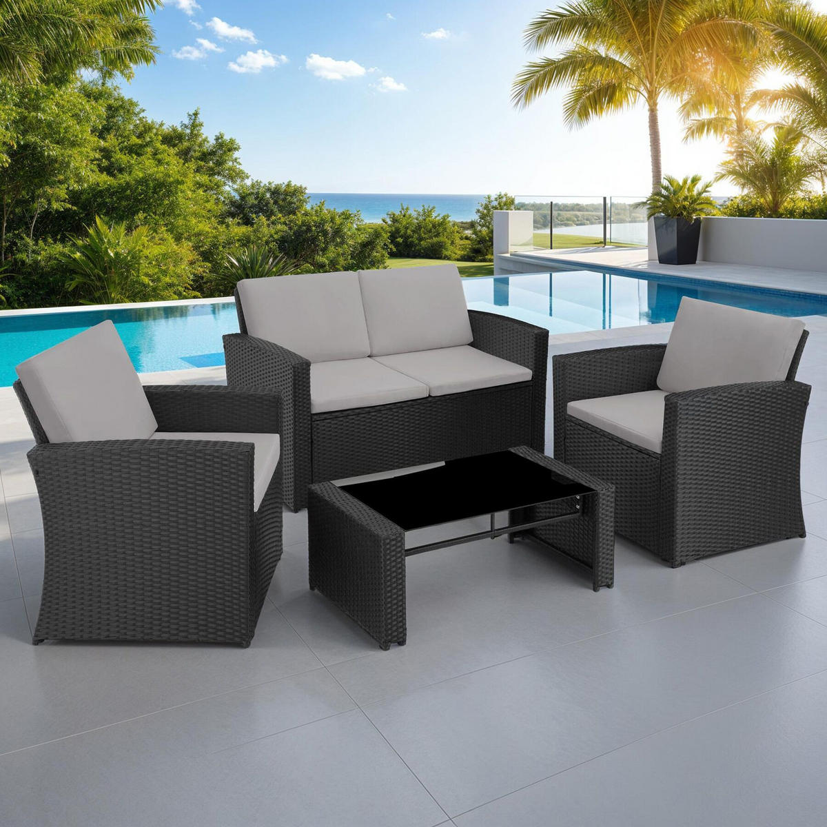 RATTANLOUNGE Jesolo, mit Sicherheitsglasplatte, schwarz/grau - Schwarz/Grau, Kunststoff - tectake