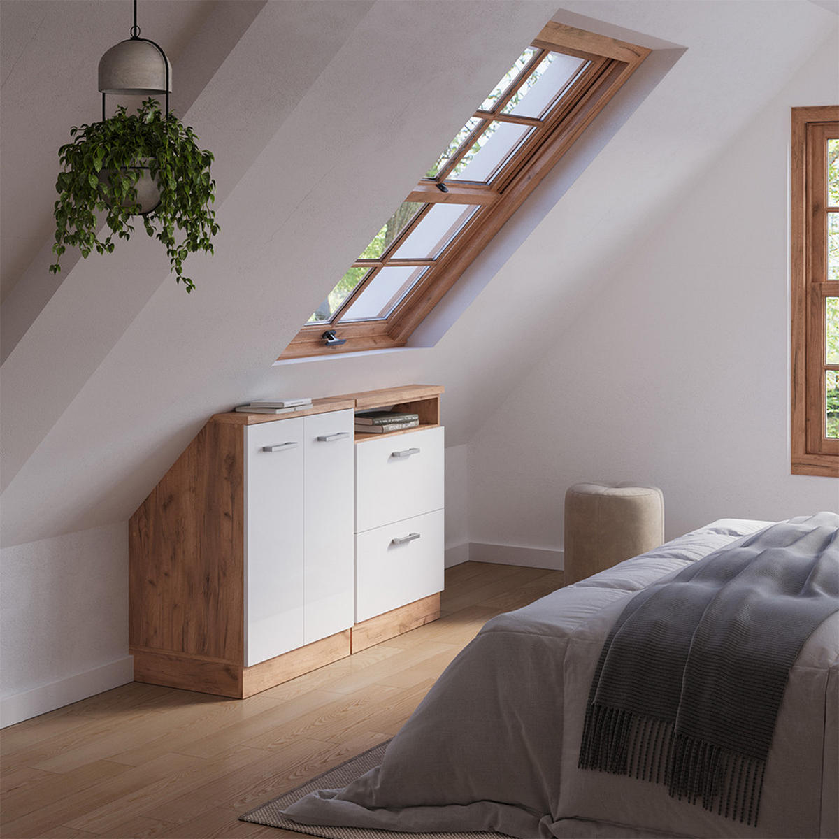 DACHSCHRÄGENSCHRANK-SET Rion Weiß Hochglanz/Goldkraft Eiche 2er Set - Honigeiche/Weiß Hochglanz, Holzwerkstoff (120/81.6/46cm) - Vicco