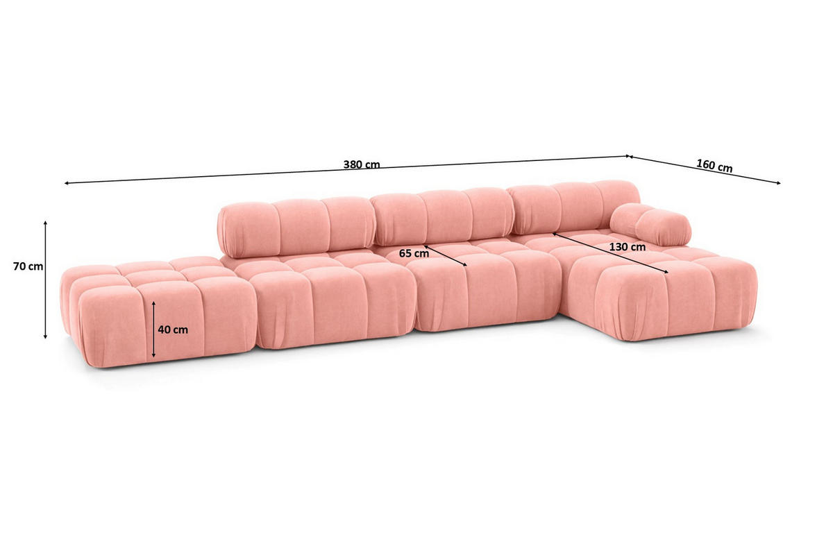 ECKSOFA L-Form XL, Stoff Velours Salvador, Rosa, Rechts, Selia L XL - Pink, Holz (380/160cm) - Kaiser Möbel
