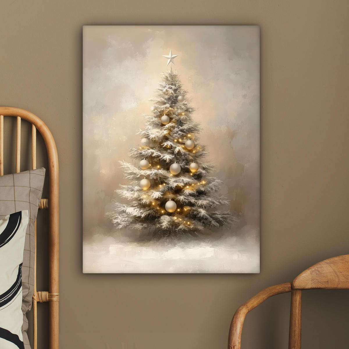 LEINWANDBILD Weihnachten - Weihnachtsbaum - Schnee - Kunst 60x80 cm - Champagner, Textil (60/80cm) - MuchoWow