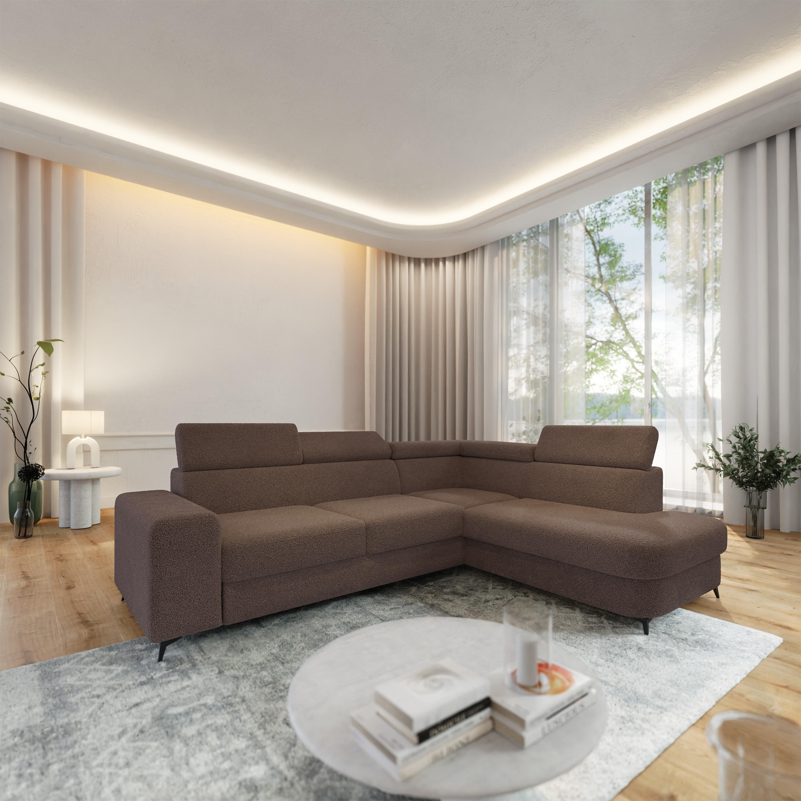 ECKSOFA ALVORO R-S Braun Boucle-Stoff mit Schlaffunktion - Braun, Holz (253/190cm) - MASSENO