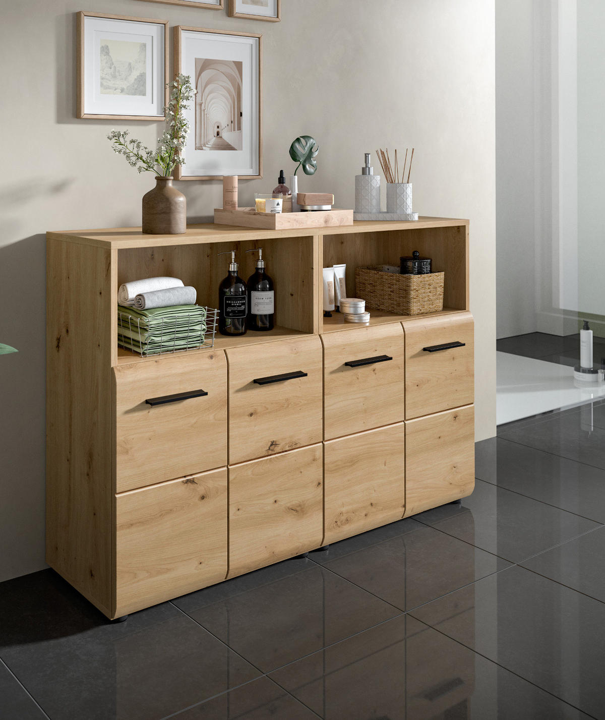 BADKOMMODE Set Eiche Artisan, 2x Badkommode 60 x 80 cm, Cover - Schwarz/Eiche Artisan, Holzwerkstoff/Kunststoff (120/80/30cm) - Inn.Furn