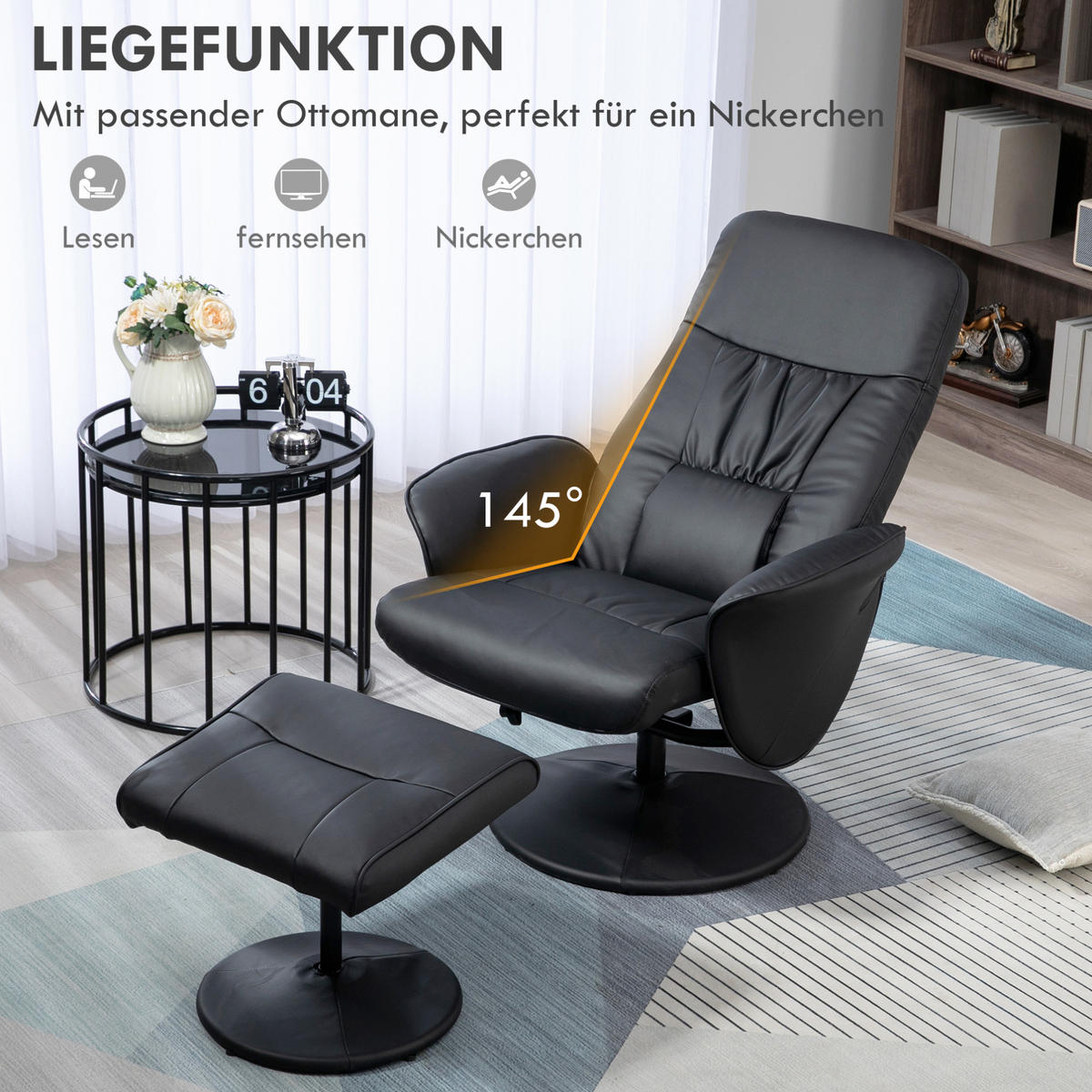 RELAXSESSEL mit Ottomane Kunstleder Liegefunktion bis 145° 76/81/101 cm Schwarz - Schwarz, Metall (81/101/76cm) - Redom