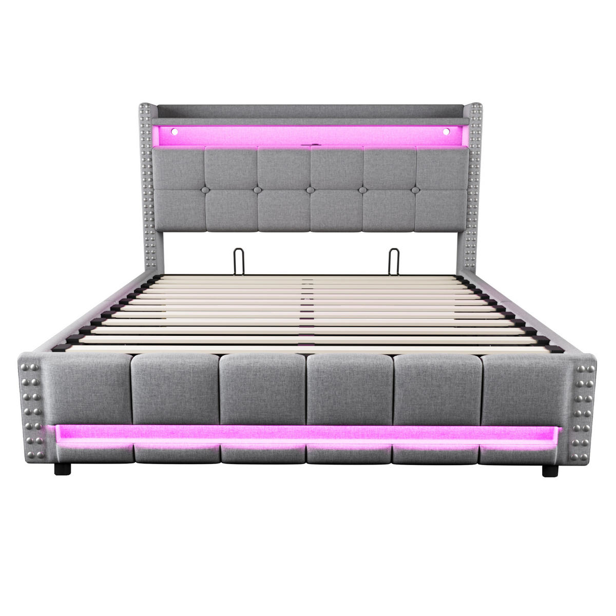 TAPECIRANI krevet 160/200 cm svijetlosivi od lana s LED rasvjetom, USB priključkom i spremištem - svijetlo siva, tekstil (160/200cm) - OKWISH