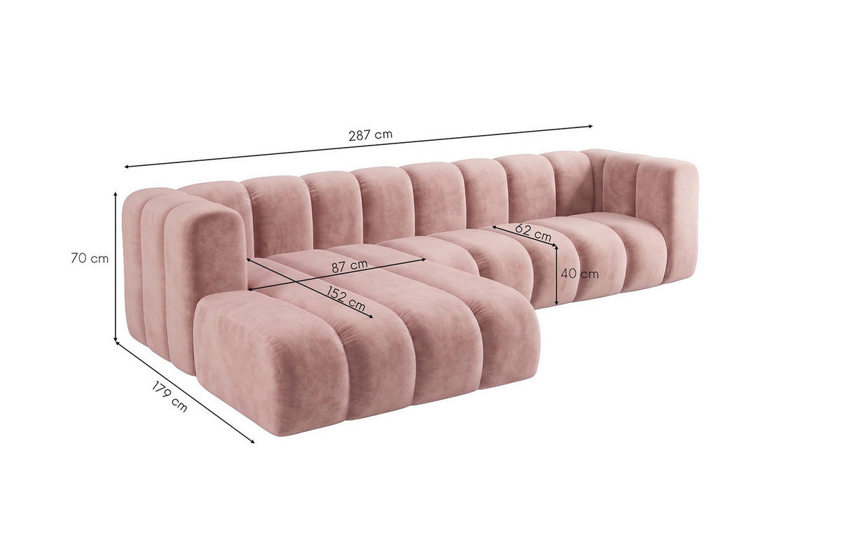 ECKSOFA Modulares In L-Form, Velvet-Stoff Riviera, Hellrosa, Links, GRAND 287 cm - Hellrosa, Holz (287/179cm) - Kaiser Möbel