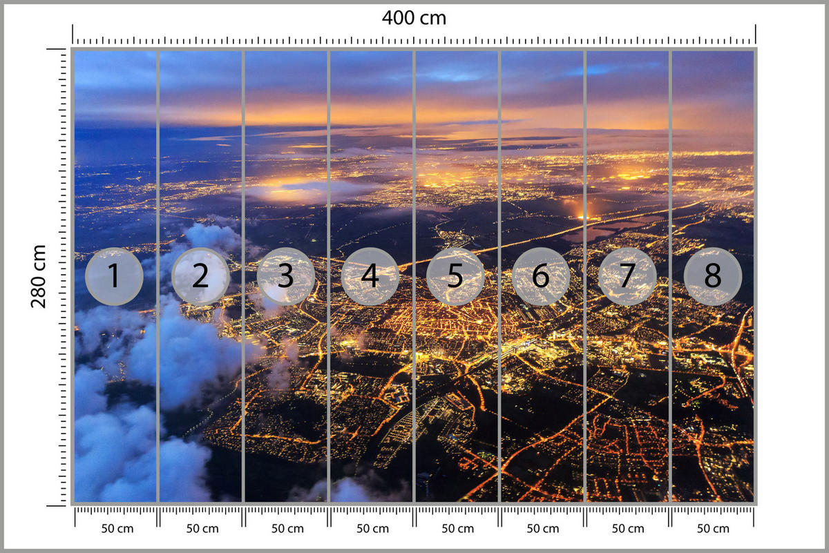 FOTOTAPETE für Wohnzimmer Vogelperspektive Beleuchtete Stadt Skyline 400x280 - Gelb/Orange, Papier (400/280cm) - Muralo