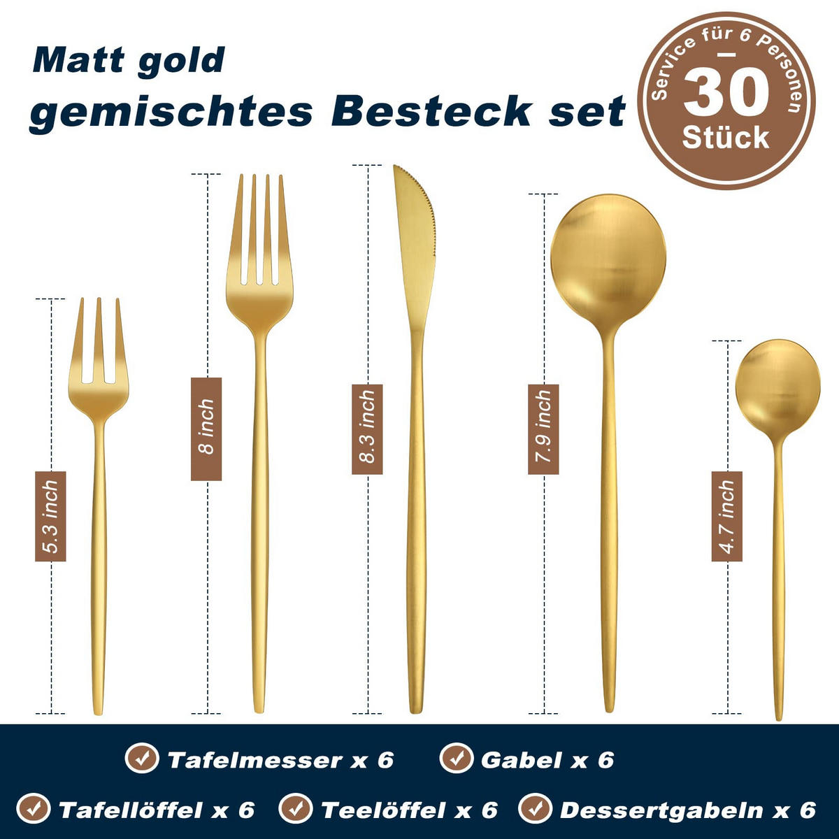 BESTECKSET 6 Personen 30-teilig Edelstahl, Spülmaschinenfest - Goldfarben, Metall - Kaket