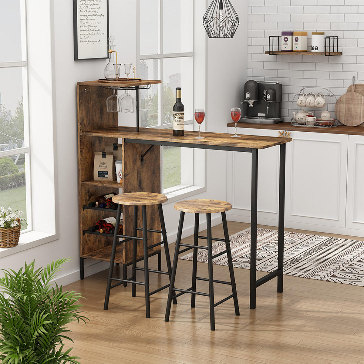 BARTISCH-SET Fyrk Schwarz/Eiche rustikal 121.5 x 40 cm mit 2 Hocker - Wildeiche/Schwarz, Holzwerkstoff (121.5/120/40cm) - Vicco