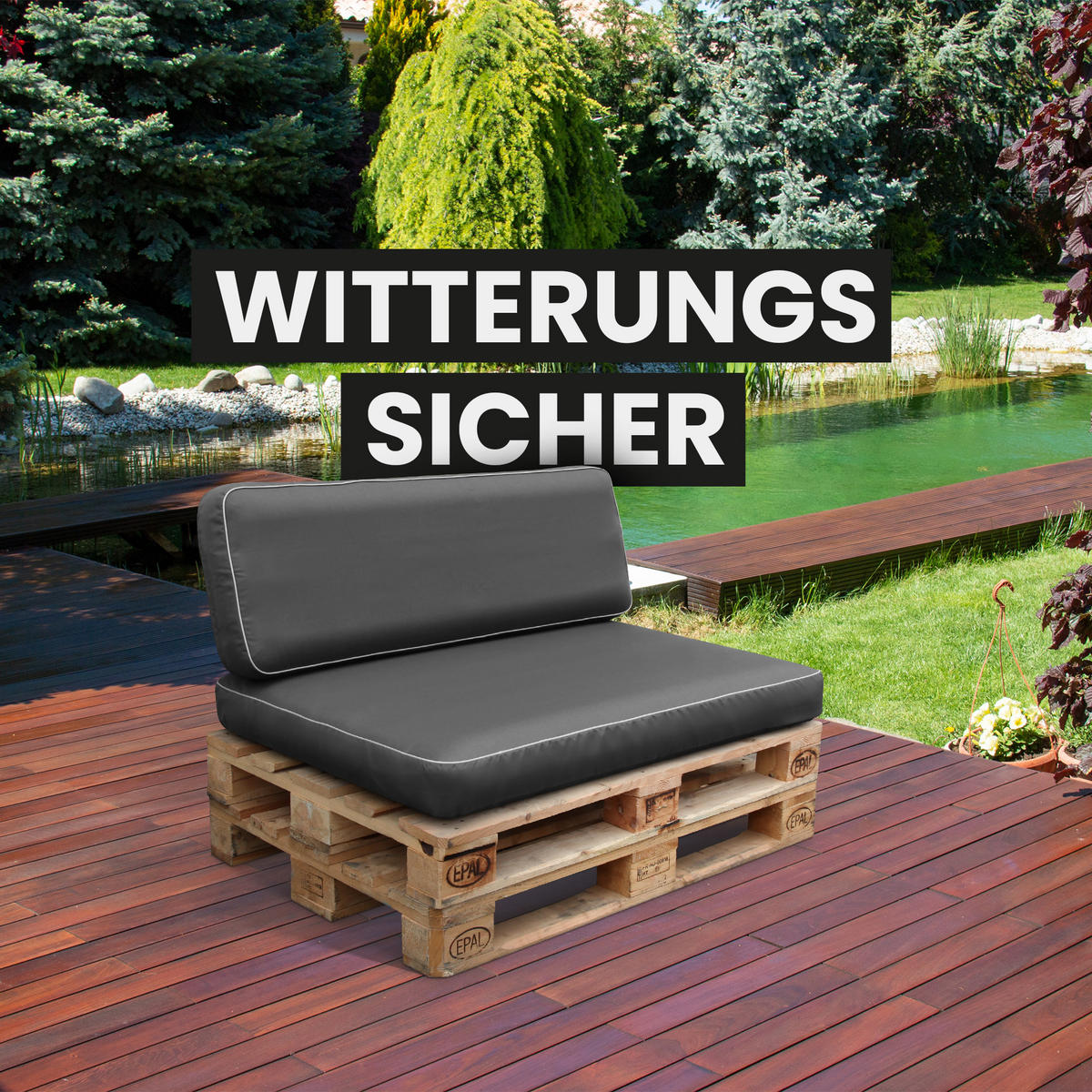 PALETTENKISSEN Set 2-tlg. ( Anthrazit ) - Indoor/Outdoor - 120x80x15 cm + 120x40x15cm - wasserabweisend ( Lotusblüteneffekt ) aufblasbares Innenkissen - Anthrazit, Textil (80/15/120cm) - Arsvita