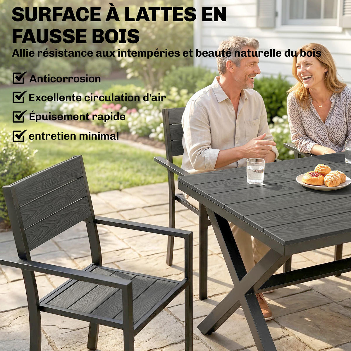 GARTENMÖBEL-SET 7-teilig,Holzoptik Latten-Tisch+6 stapelbare Stühle Alu-Rahmen,grau - Grau, Metall - Vallsero