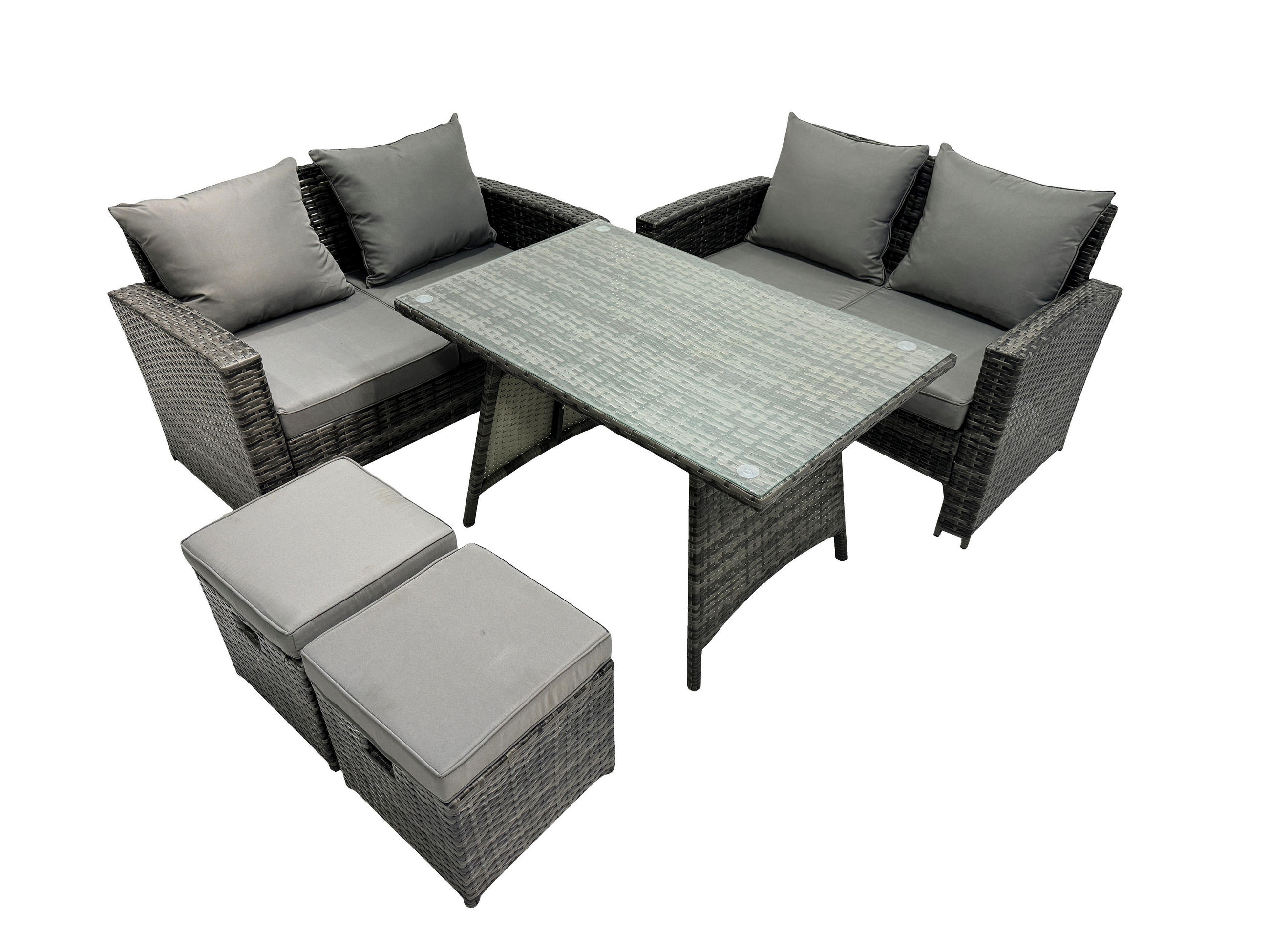 GARTENMÖBELSET mit ESSTISCH,HOCHLEHNER-SOFA Polyrattan Dunkelgrauer Mix 6-Sitzer - Dunkelgrau/Grau, Glas/Kunststoff - Fimous