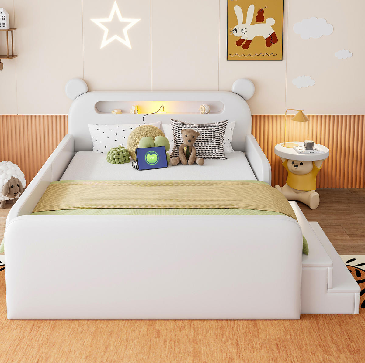 KINDER-POLSTERBETT aus Kunstleder 140x200 cm Weiß mit Bärenkopfteil, Nachtlicht, USB-Anschluss und Stauraum - Weiß, Textil (140/200cm) - Modfu