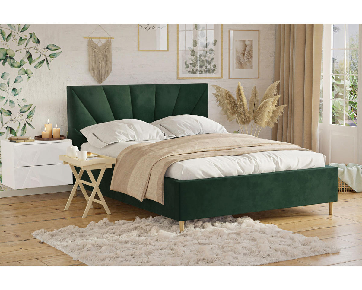 POLSTERBETT AINA 140x200 cm French Velvet 658, 34 Holzlatten, Kopfteil 104 cm - Grün, Textil (140/200cm) - Lookway