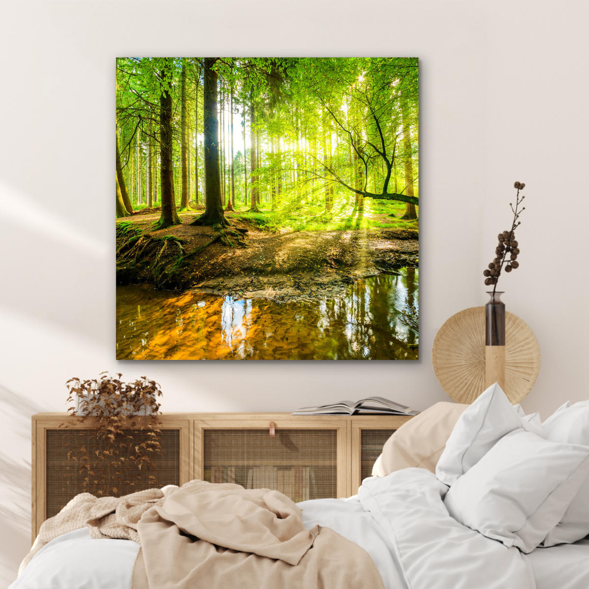 METALLBILD Wald - Landschaft - Wasser - Bäume - Sonne - Grün - Natur 90x90 cm - Grün, Metall (90/90cm) - MuchoWow