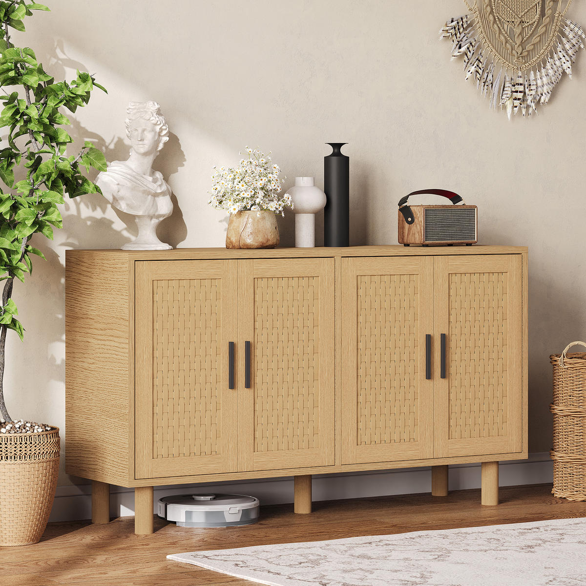 SIDEBOARD Rattan mit Türen aus Cannage, Buffetschrank verstellbare Einlegeböden, Holzoptik Natur - Naturfarben, Holz (40/80/140cm) - PARAFTA HOME