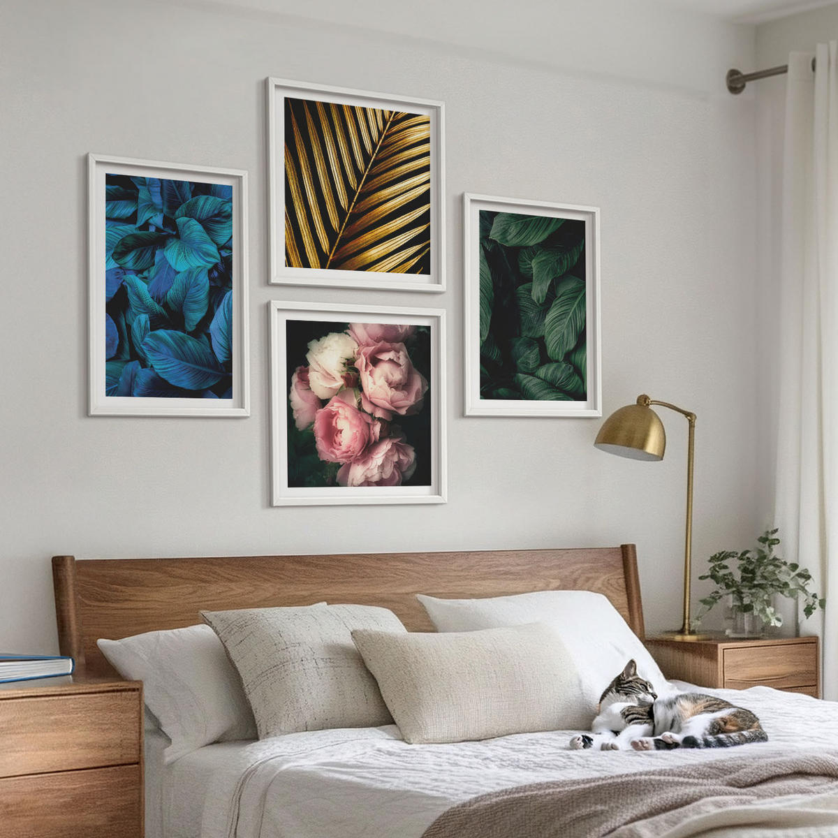 BILDER SET 4er Set - 50x50 cm & 40x60 cm Weißer Rahmen - Blätter und Blüten in verschiedenen Farben - Weiß, Kunststoff (50/50cm) - TULUP
