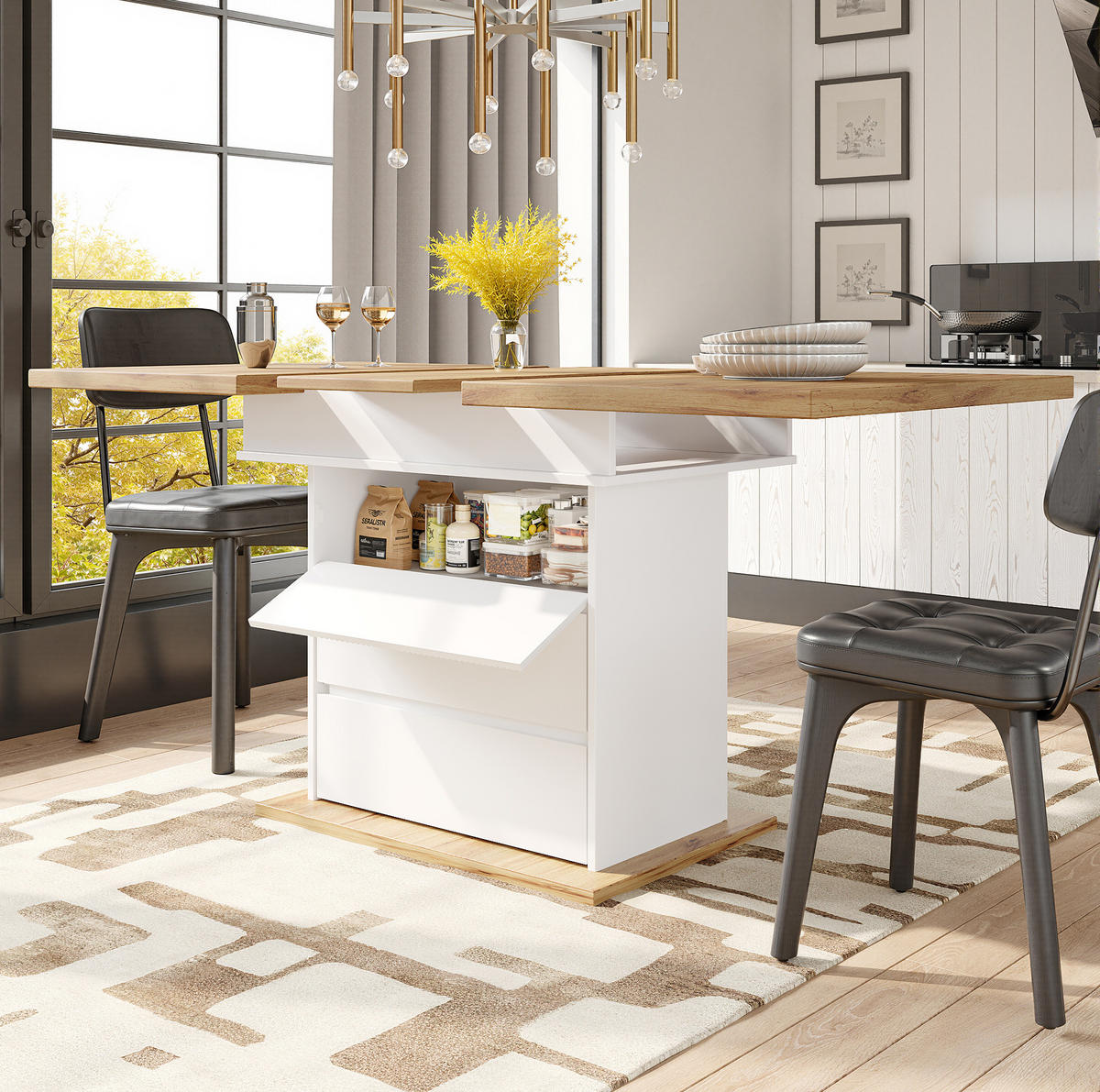 ESSTISCH 110-140/80/75 cm Weiß/Natur aus MDF mit Stauraum - Weiß, Holzwerkstoff (140/80/75cm) - OKMYHOME